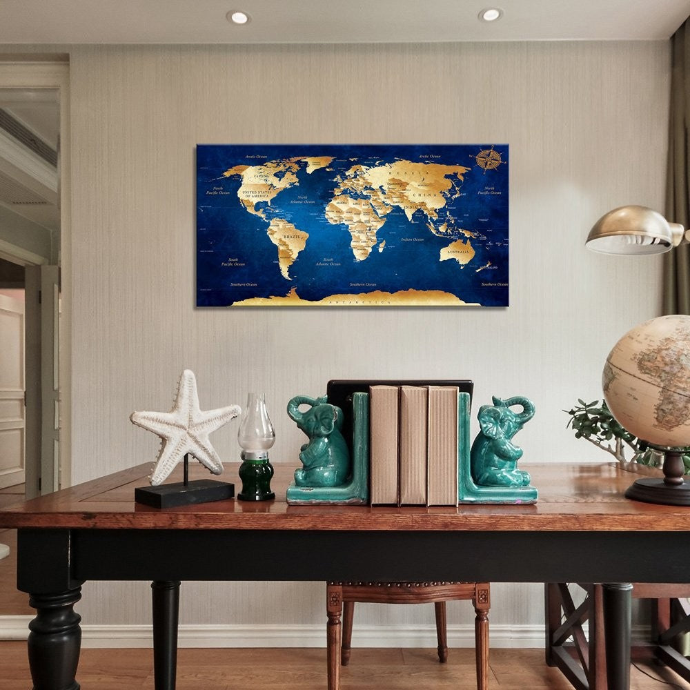 World Map Canvas Wall Art 50x100cm Blue Framed Ready to Hang
