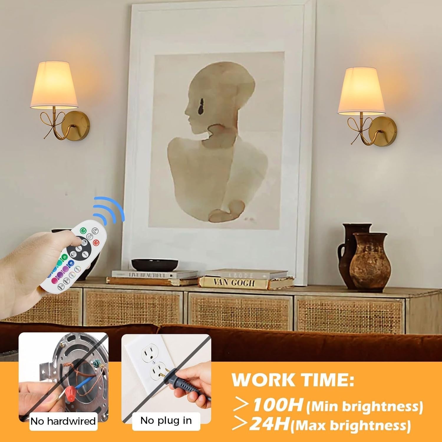 Wireless Gold Wall Lights Set of 2, Rechargeable, 15 Colour Modes + Remote