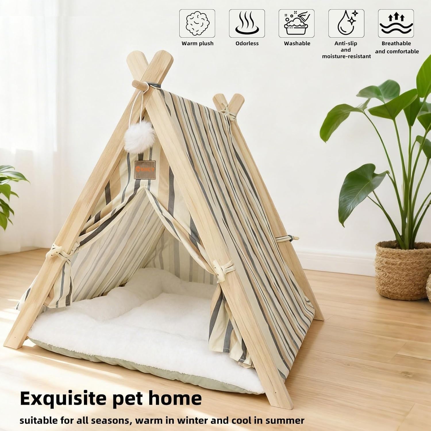 Wooden Pet Teepee Tent Cat Dog House w Cushion Indoor Shelter Striped