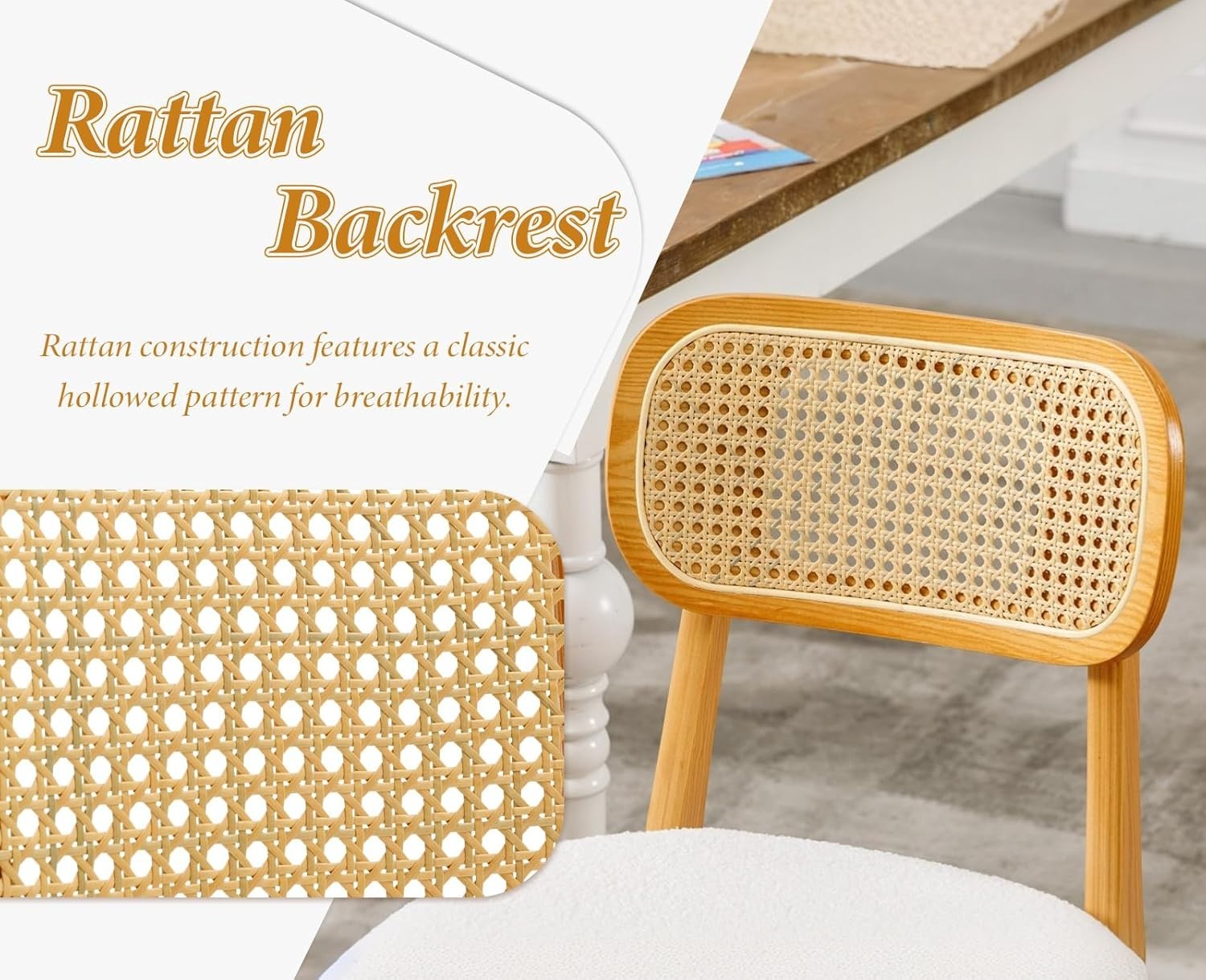 Set of 2 Rattan Dining Chairs Beige Fabric Seat Wooden Legs Kitchen