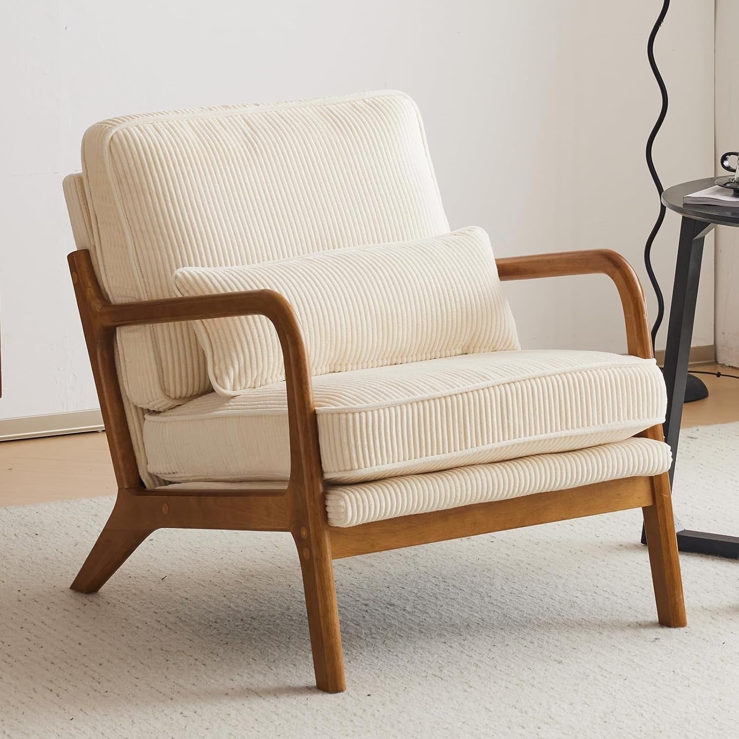 Corduroy Lounge Armchair with Lumbar Pillow | Oversized Solid Wood Frame