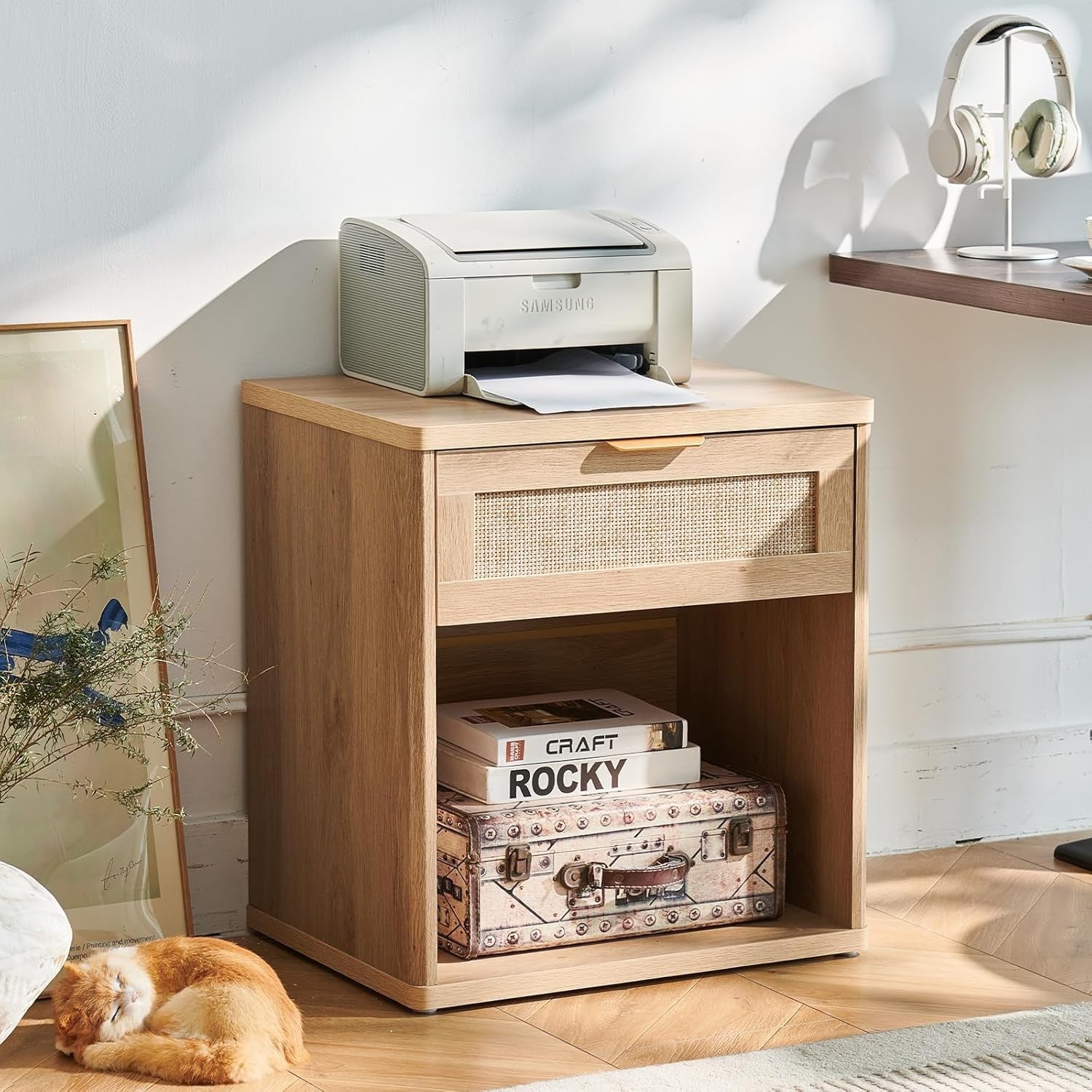 Natural Rattan Bedside Table Nightstand with Drawer Boho Wood Side Table