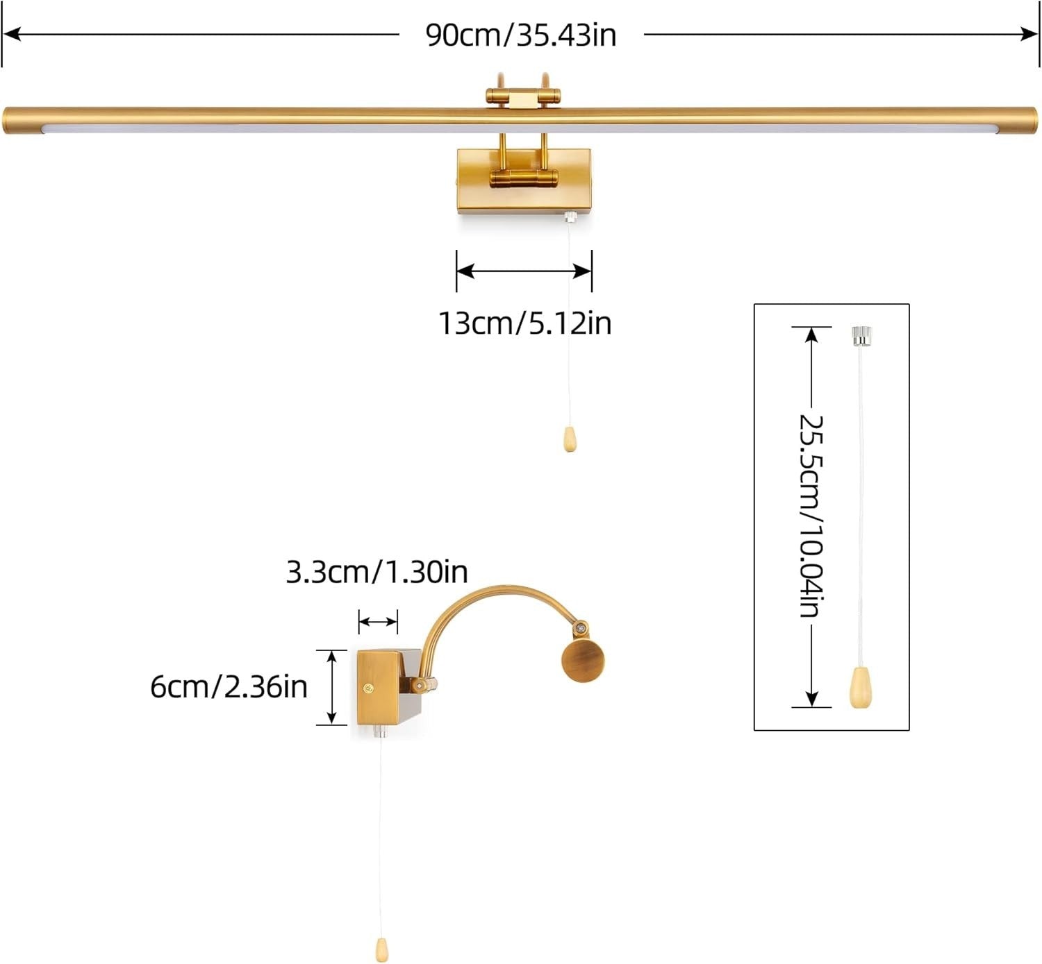 Adjustable LED Bathroom Wall Light 16W Brass Over Mirror 90cm
