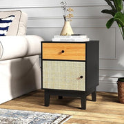 Boho Rattan Bedside Table with Drawer & Door, Modern Storage Nightstand