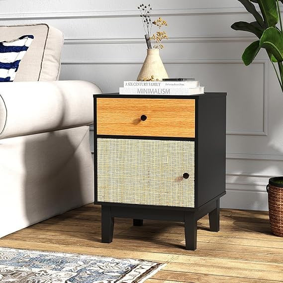 Boho Rattan Bedside Table with Drawer & Door, Modern Storage Nightstand