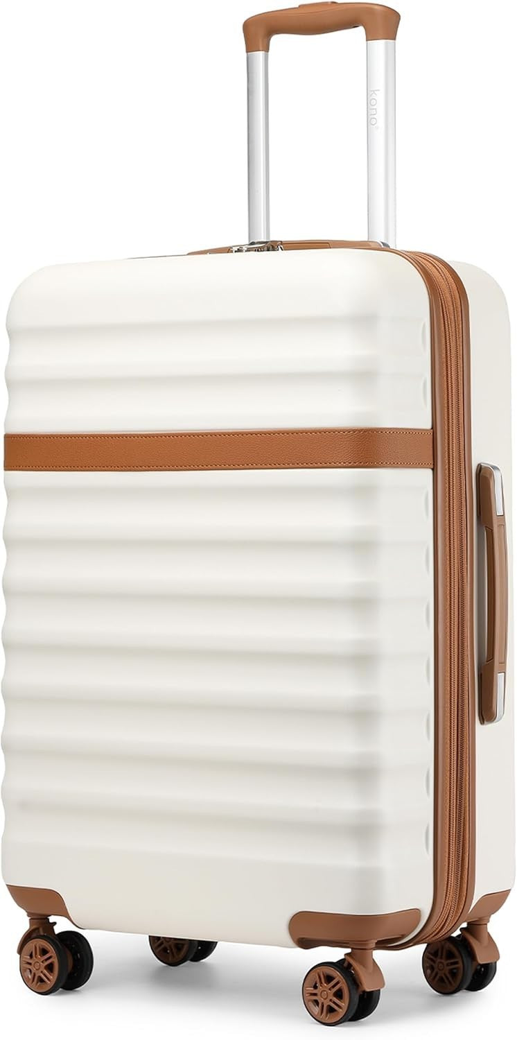24'' Cream Brown Expandable Check In Suitcase ABS PC Hard Shell TSA