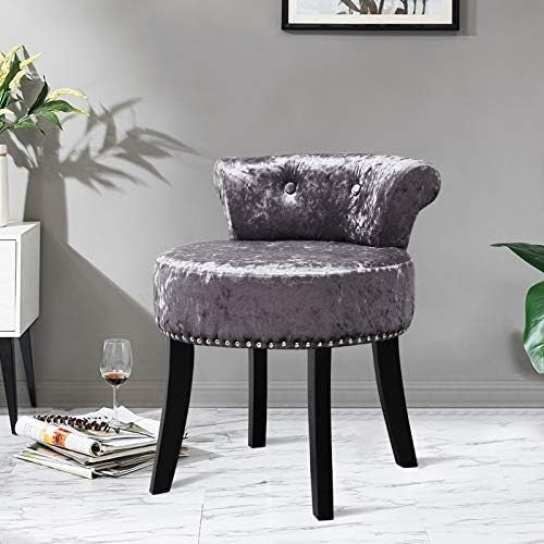 Dark Grey Ice Velvet Dressing Table Stool Low Back Wood Legs Footstool