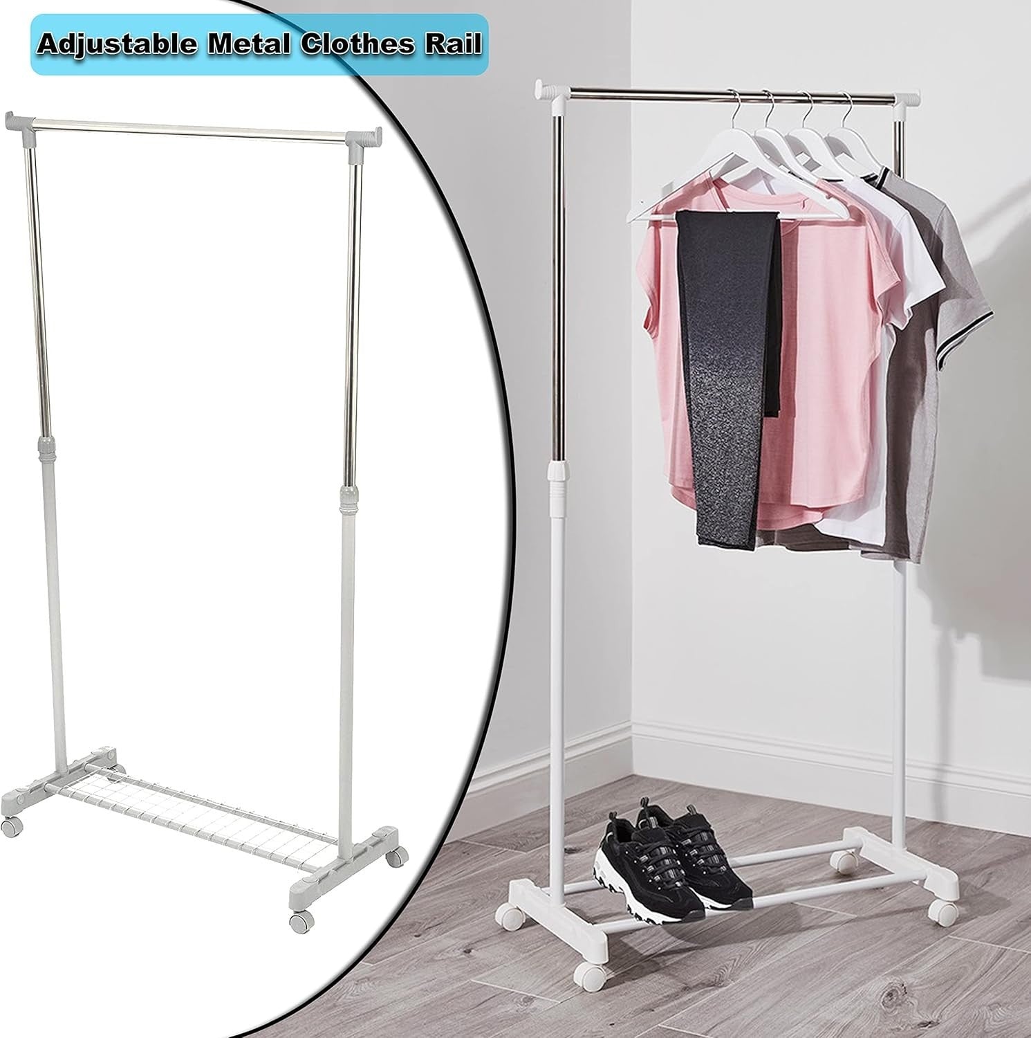 White & Chrome Adjustable Steel Clothes Rail with Wheels