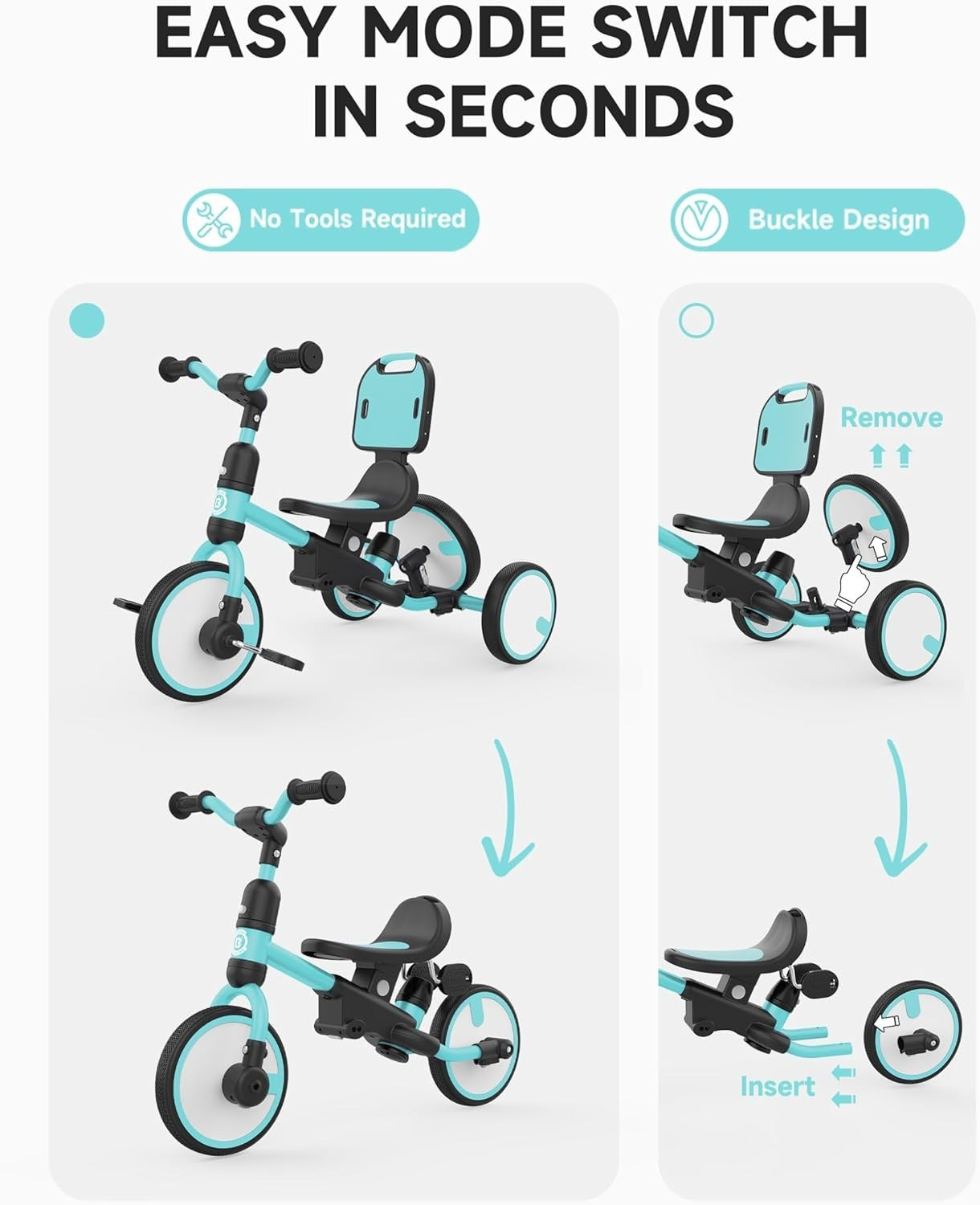 5 In 1 Kids Tricycle Push Handle Balance Bike Safety Harness Toddler