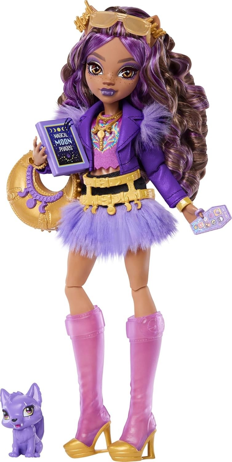 Fashion Doll Purple Moto Jacket Furry Skirt Pet Wolf Accessories