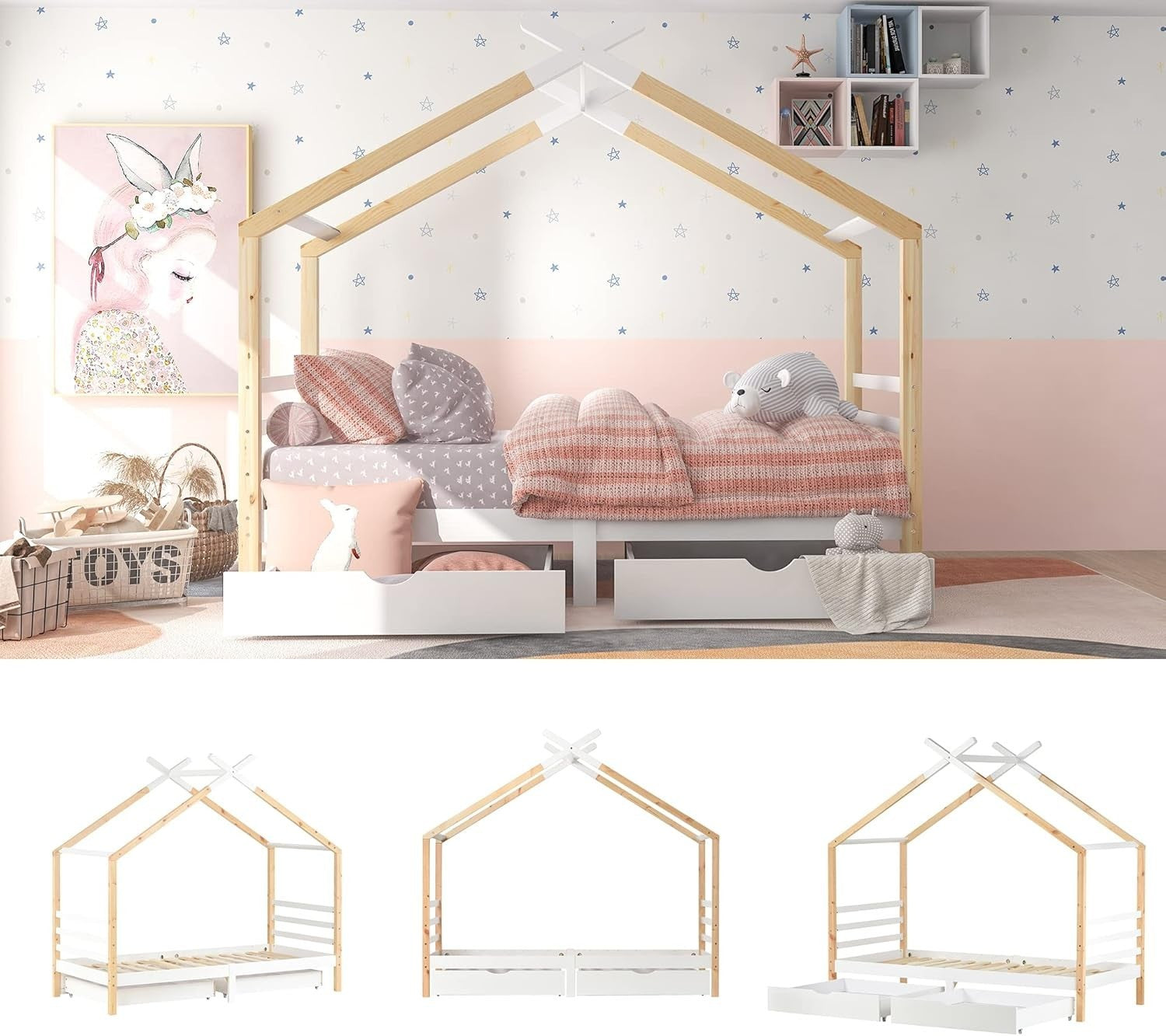 3FT Kids Canopy Bed Frame with Storage Drawer, Solid Wood House Bed