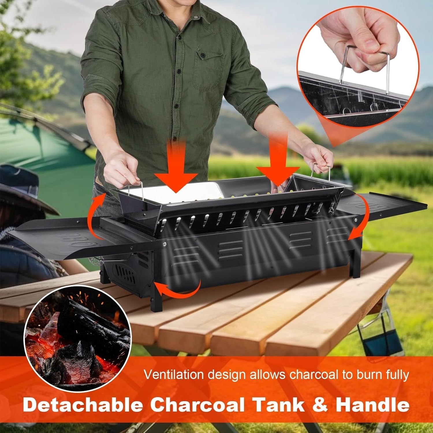 Portable Charcoal BBQ Grill with Storage Shelf Adjustable Height Outdoor Camping