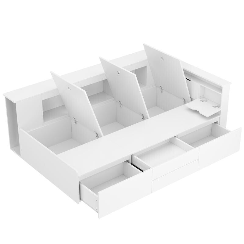 White Kids Single Storage Bed 3FT with Drawers Shelves Bookcase Frame 90x190cm