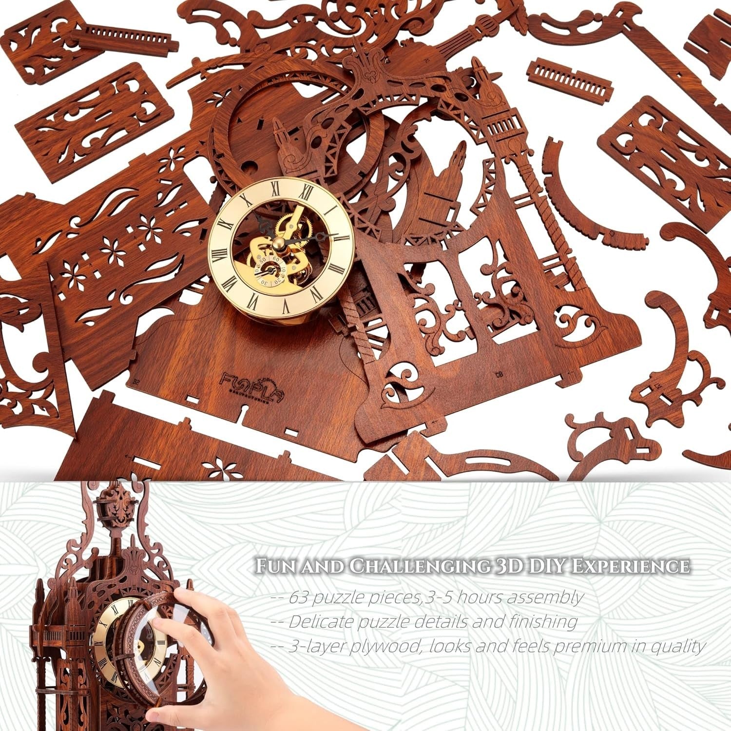 3D Wooden Tower Clock Puzzle with LED Light, DIY Home Decor Kit