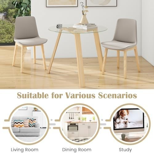 Round Glass Dining Table 90cm Natural Rubber Wood Frame Modern