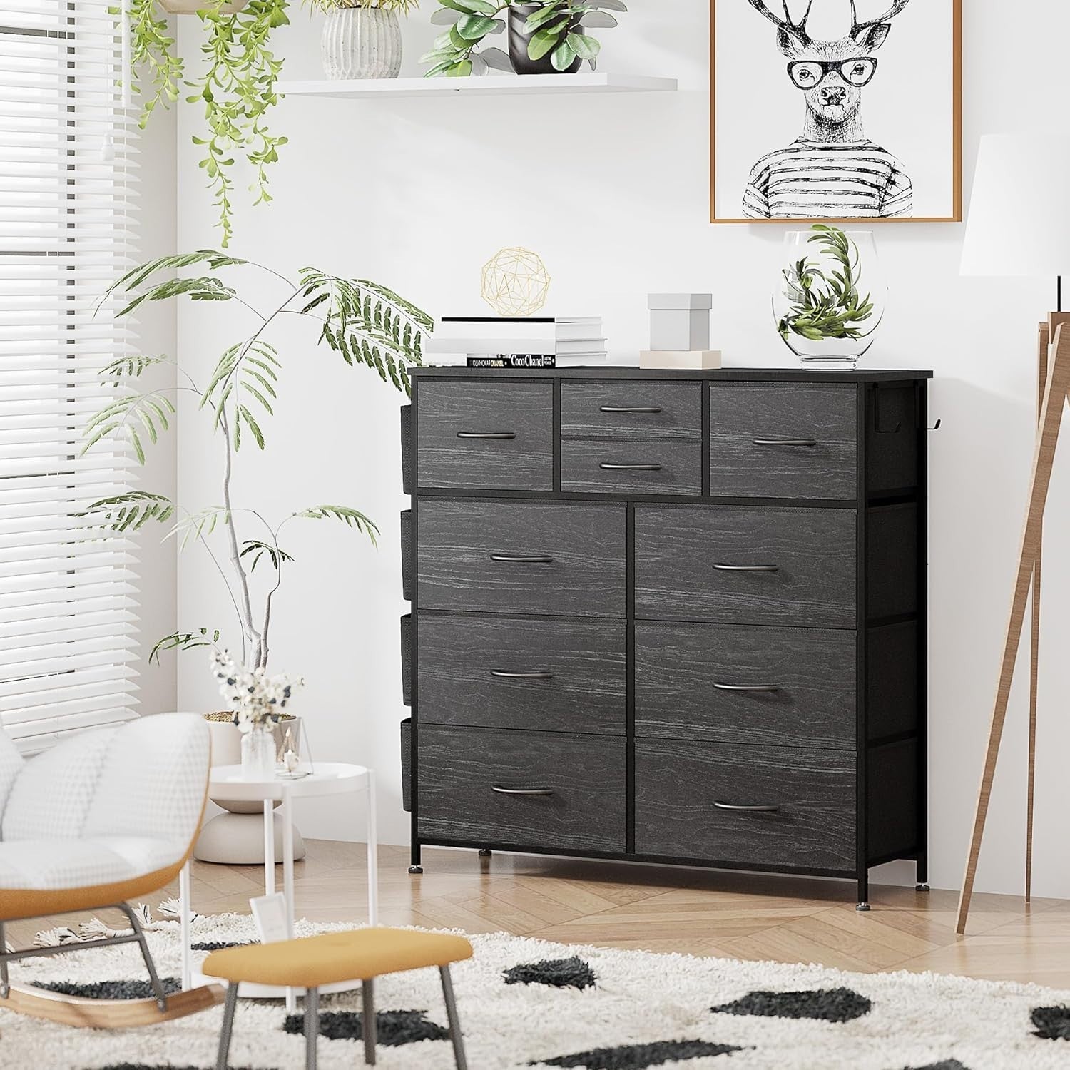 Black Wood Grain 10 Drawer Tall Chest with Fabric Drawers & Side Storage