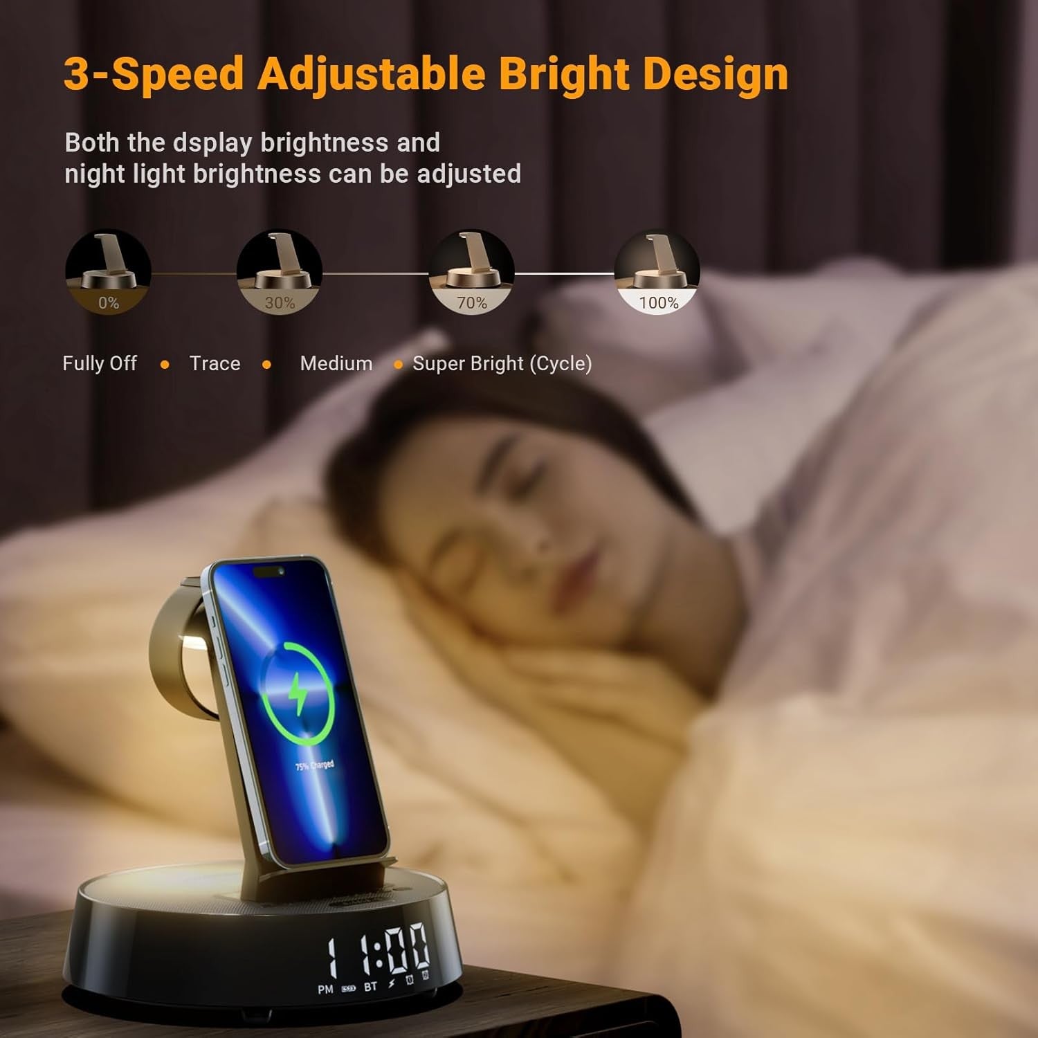 Wireless Charger Alarm Clock Bluetooth Speaker Night Light Fast Charge