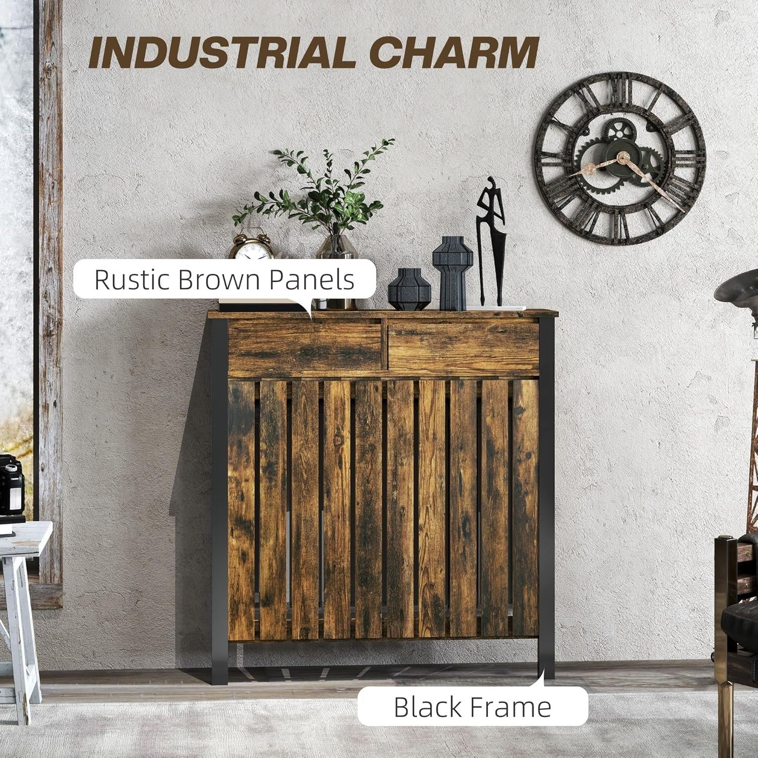 Rustic Brown Radiator Cover with Drawer Industrial Wood Cabinet