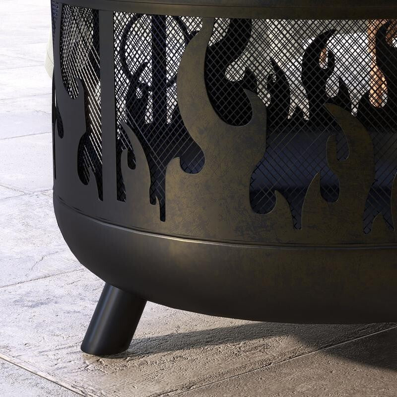 Large Steel Fire Pit BBQ with Mesh Lid & Poker – Safe Outdoor Heating