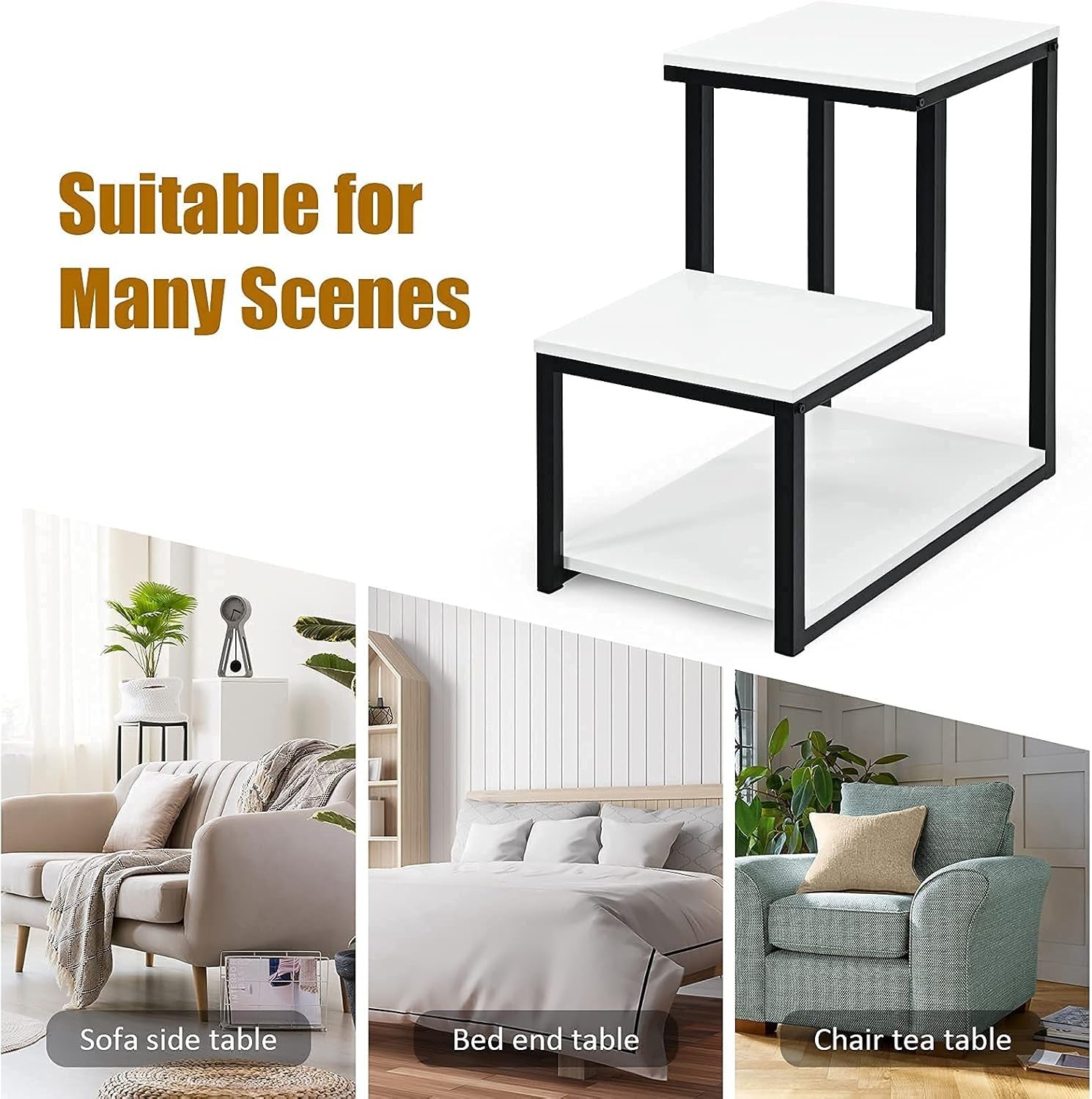 Modern 3-Tier Ladder Side Table with Storage Shelf – Slim Metal Frame Bedside Un