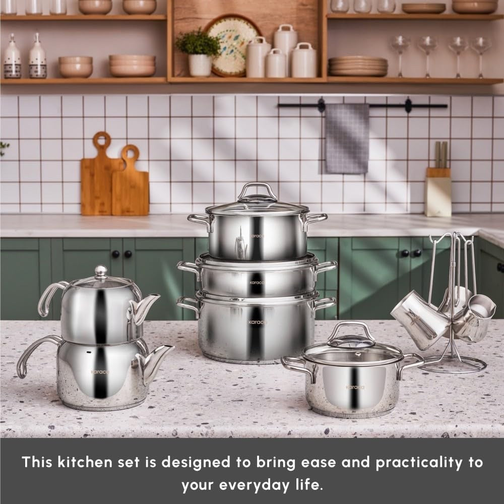 15pcs Stainless Steel Cookware Pot & Turkish Tea Coffee Set Induction Safe