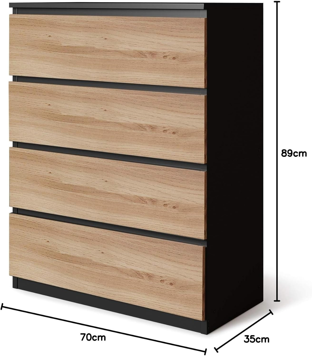 Modern 4-Drawer Wooden Chest - No Handle, Large Storage, Oak & Black Finish