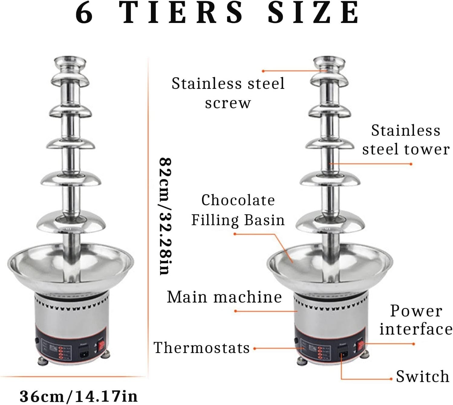 6 Tier Commercial Chocolate Fountain Machine Fondue Waterfall Steel