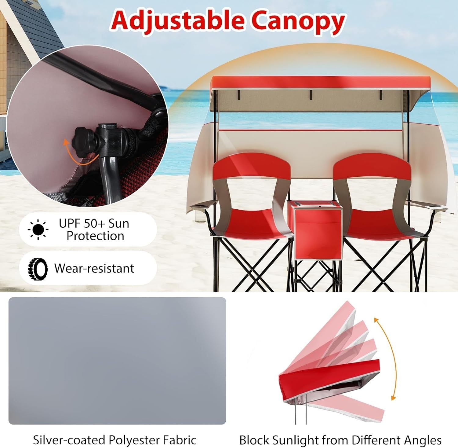 Red Folding Camping Loveseat w/ Canopy, Cup Holders & Cooler Bag, 2 Seat