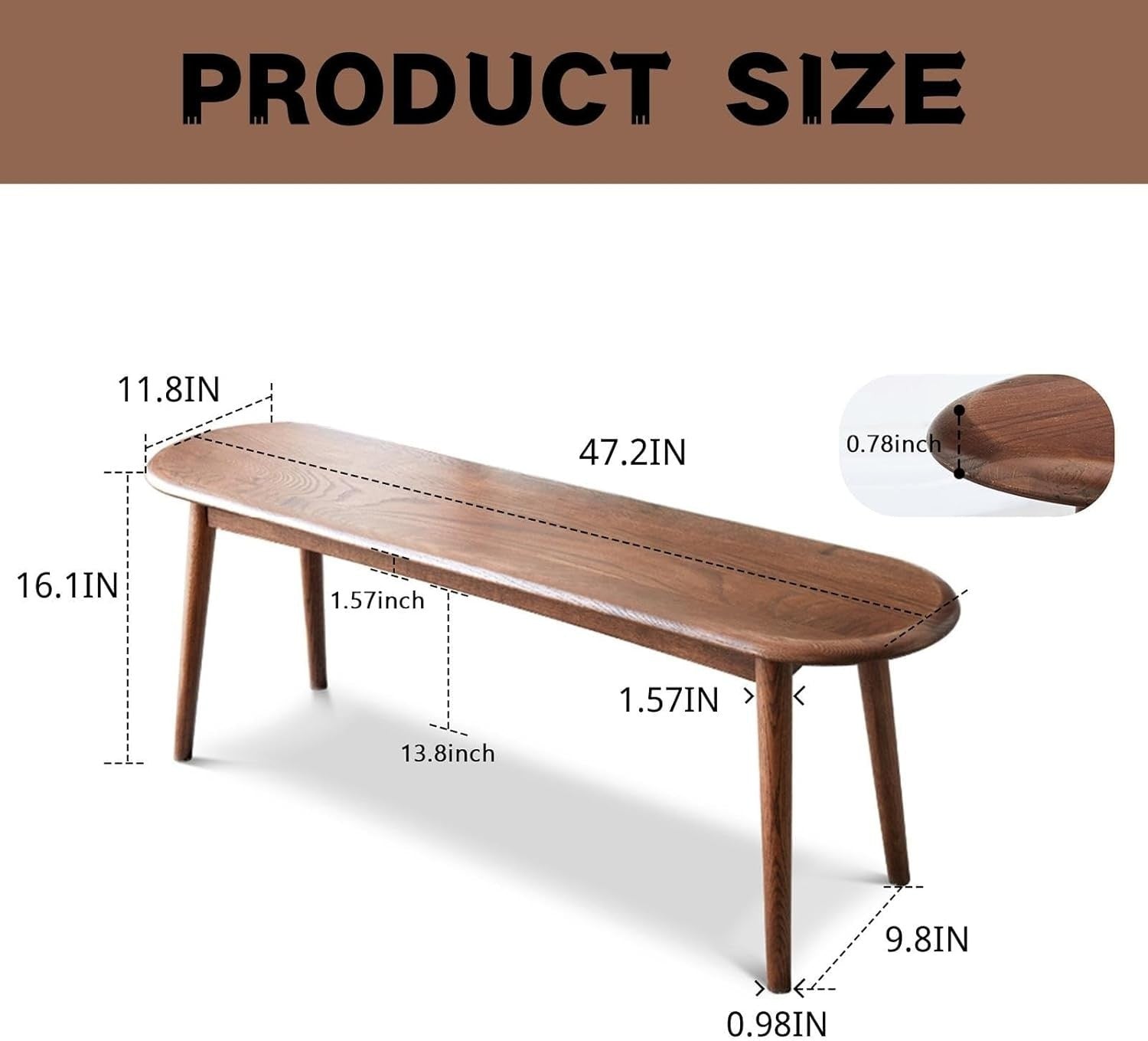Solid Oak Wood Dining Bench Walnut Half-Round Entryway Bedroom Seat 47in