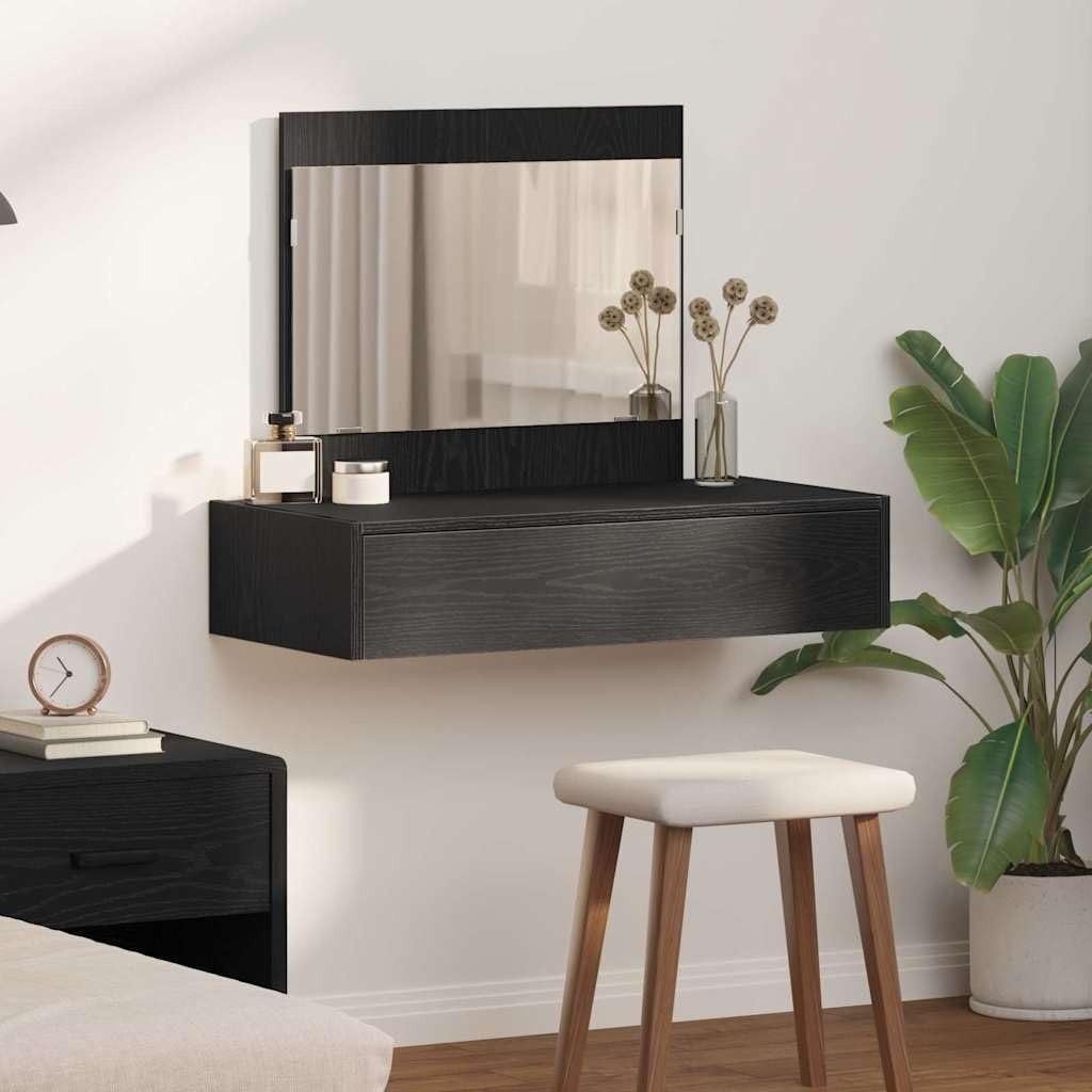 Wall-Mounted Vanity Dressing Table Mirror & 1 Drawer Cabinet Storage Black Oak