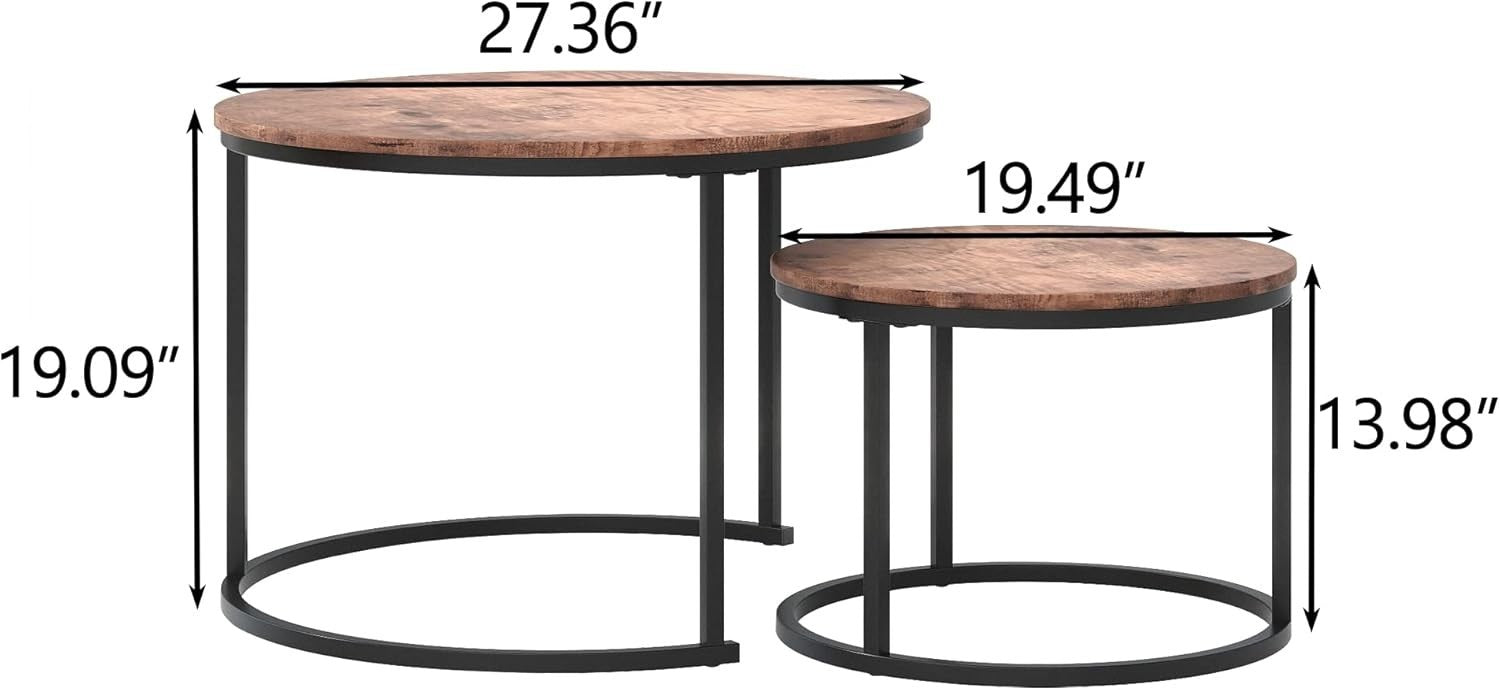 Space Saving Nesting Coffee Tables Set Round MDF Top Metal Frame Modern Black/Br