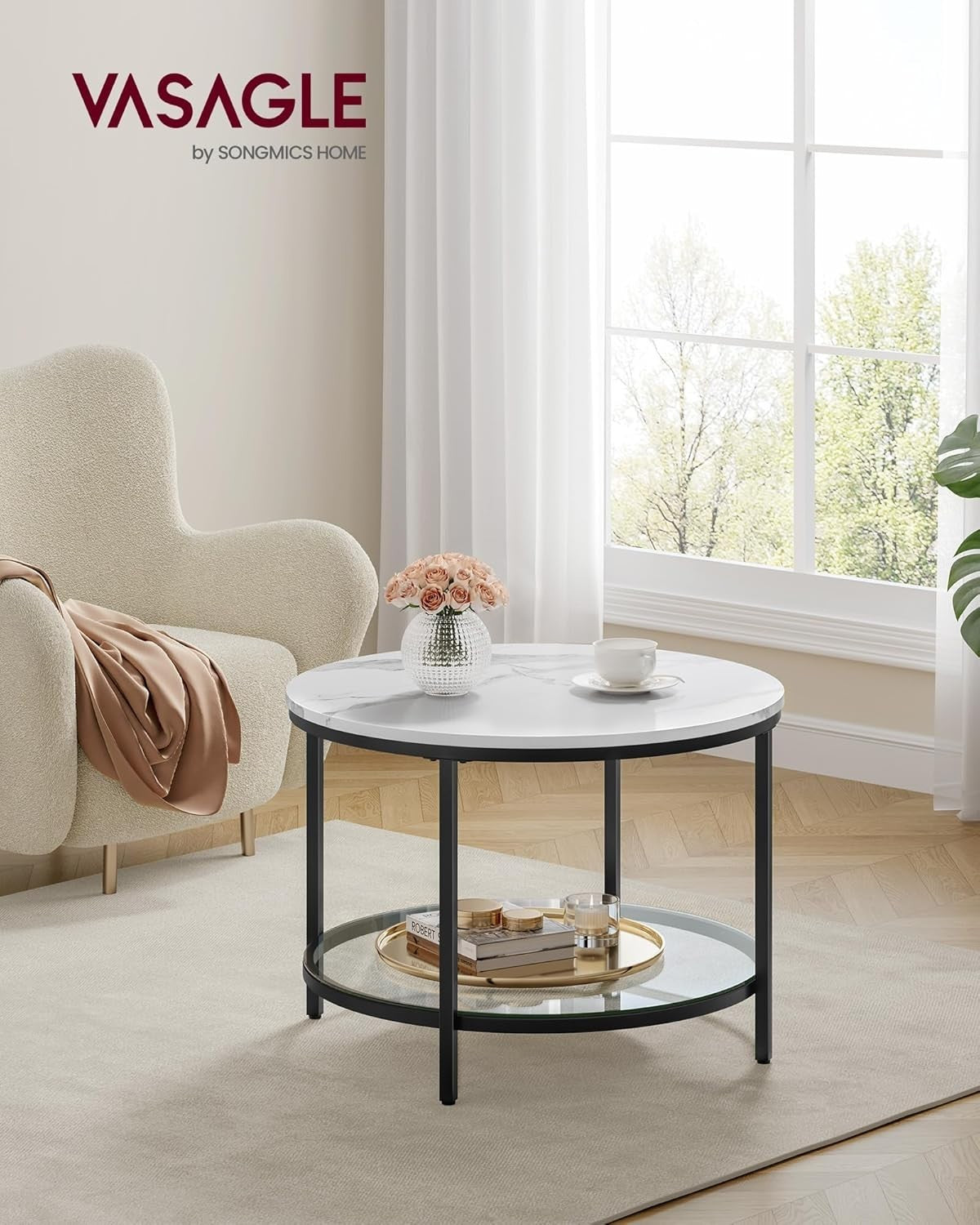 Modern Round Coffee Table with Faux Marble Top & Tempered Glass Shelf