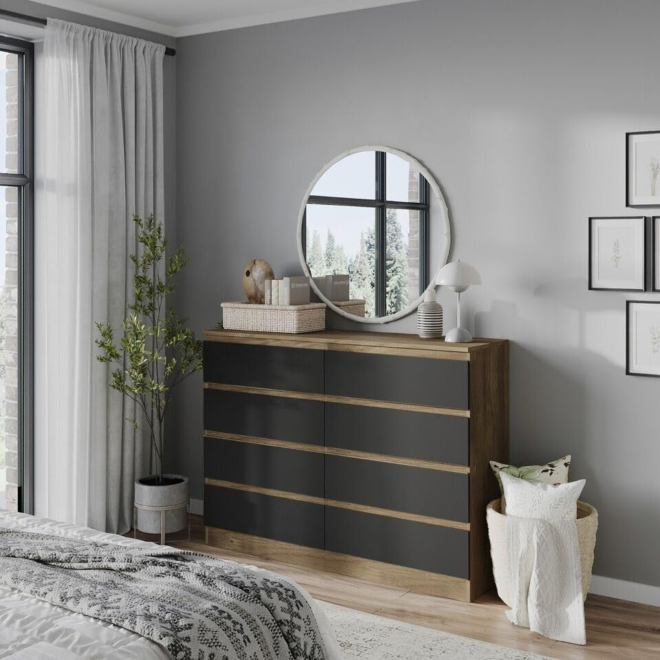 Modern Oak Black 8 Drawer Chest Cabinet Bedroom Dresser Storage Unit