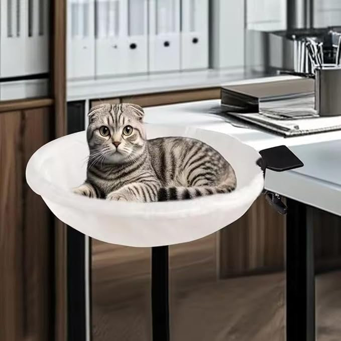 180° Rotating Cat Desk Nest Faux Fur Semi Circle Bed White