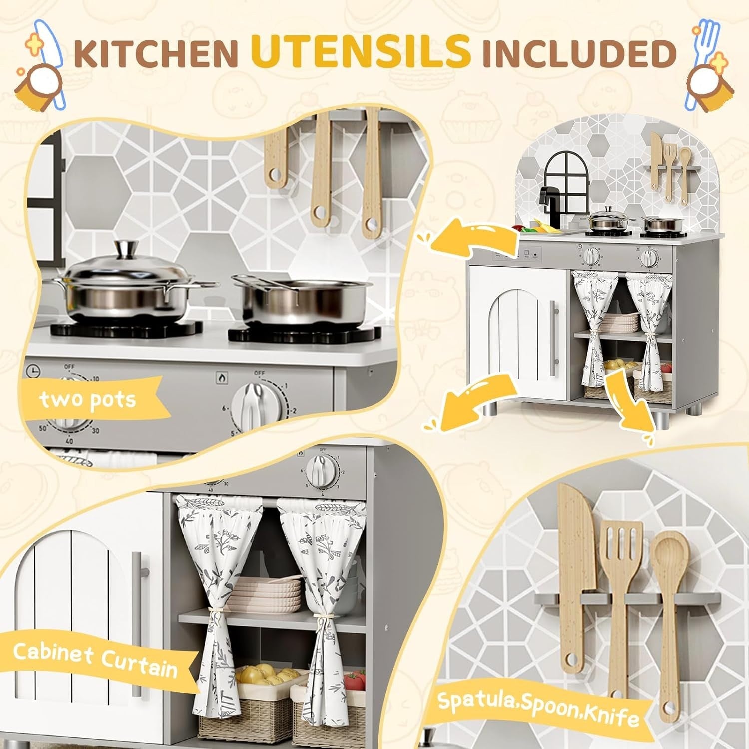 Kids Wooden Play Kitchen w/ Real Sound Stove Grey Toy Set
