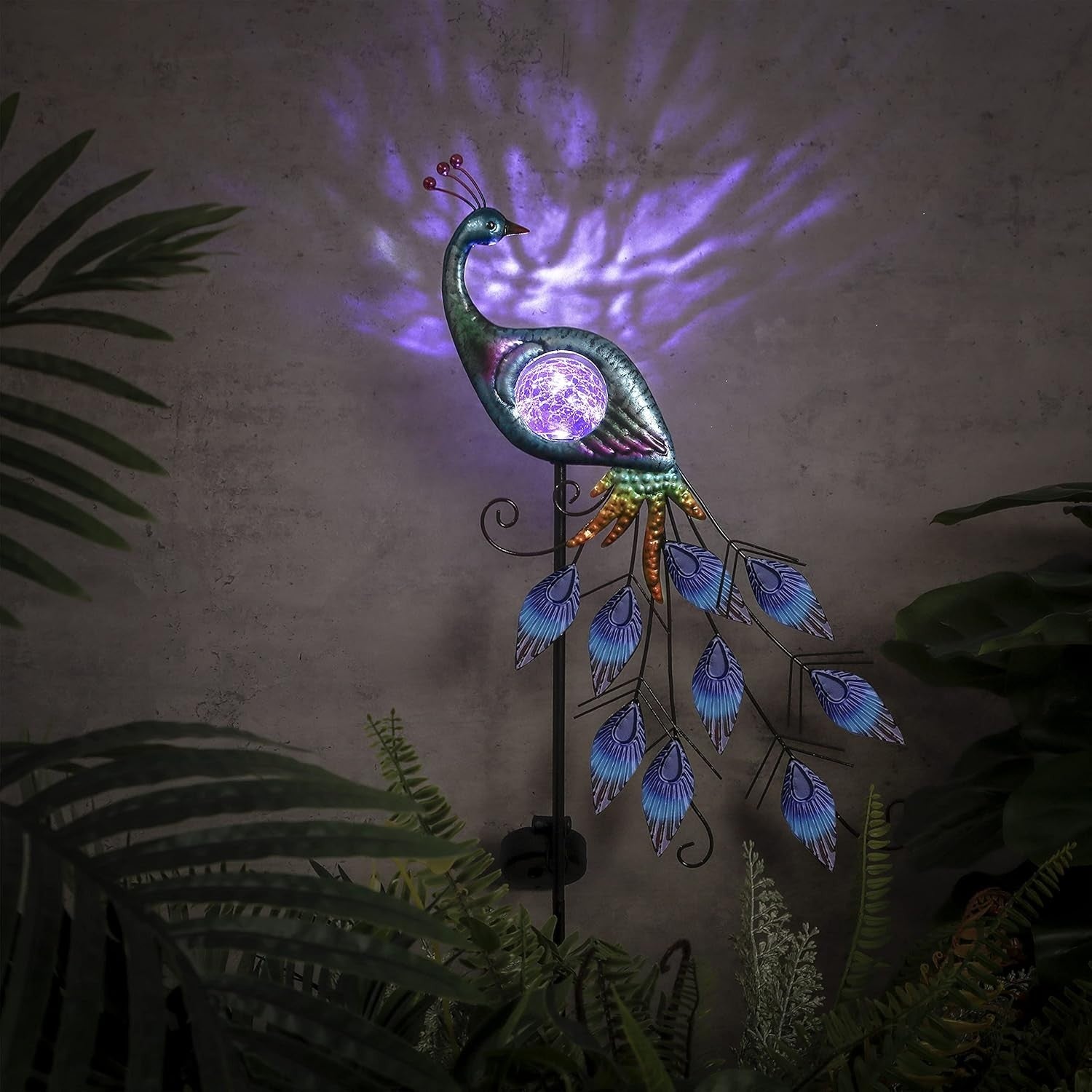 Solar Peacock Garden Ornament 61cm | Metal Crackle Glass Light Outdoor Yard