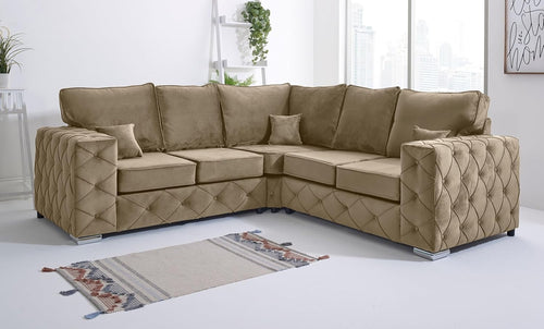 Luxury Plush Velvet Mink Corner Sofa L-Shaped 5 Seater Foam Cushions Chrome Legs