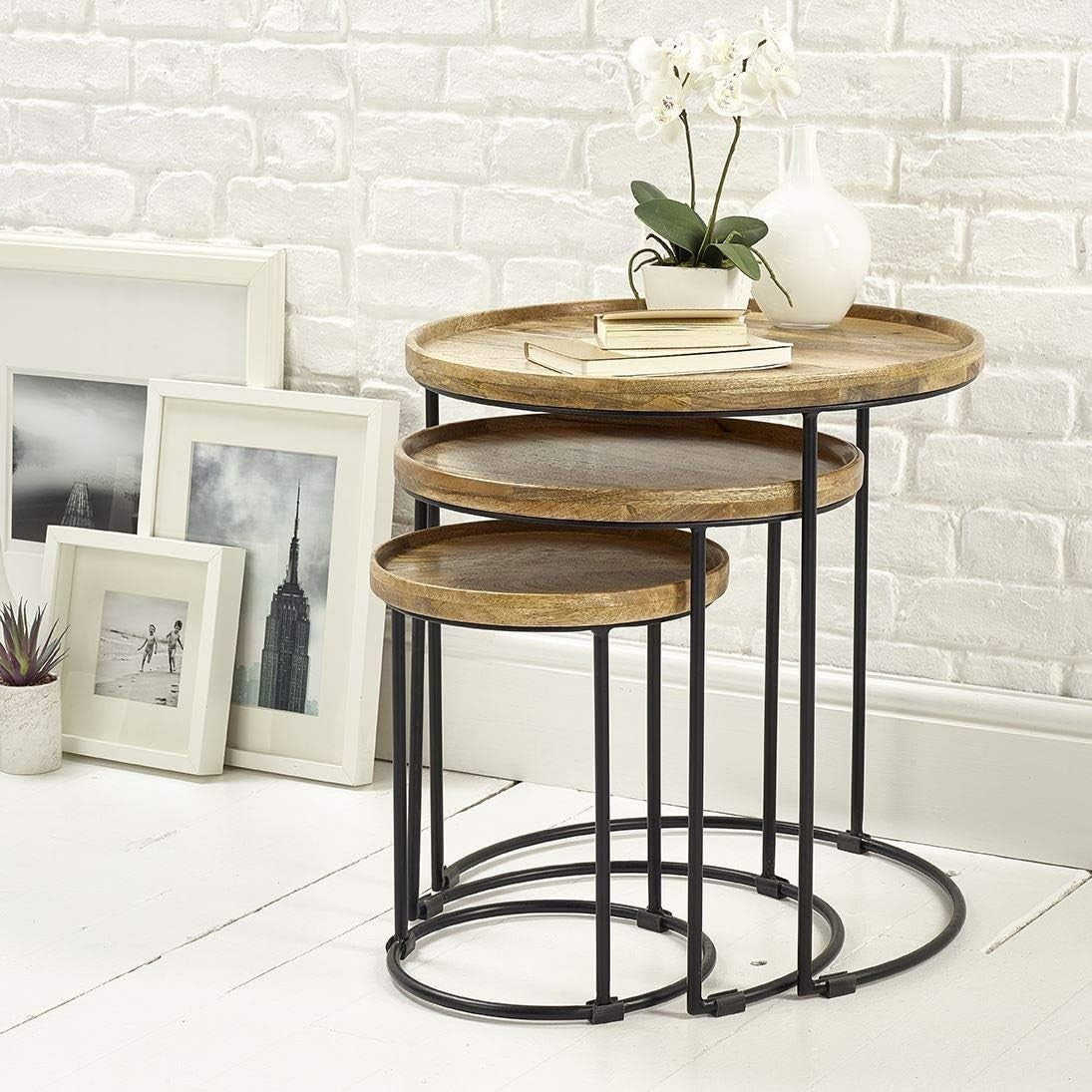 Wood Nesting Tables Set of 3 Round Oak Walnut Wood End Side Coffee Table New