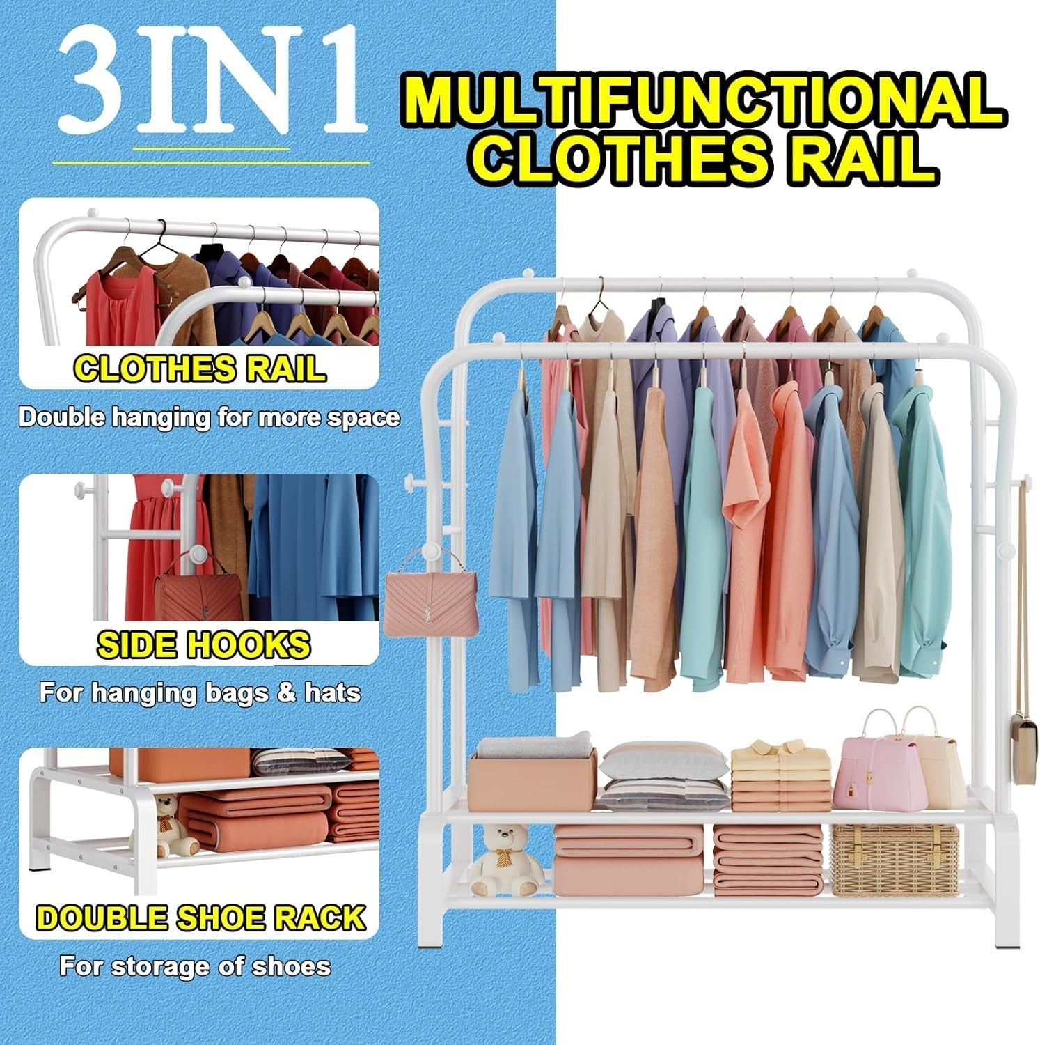 Heavy Duty Double Clothes Rail with Shelf & Hooks – White
