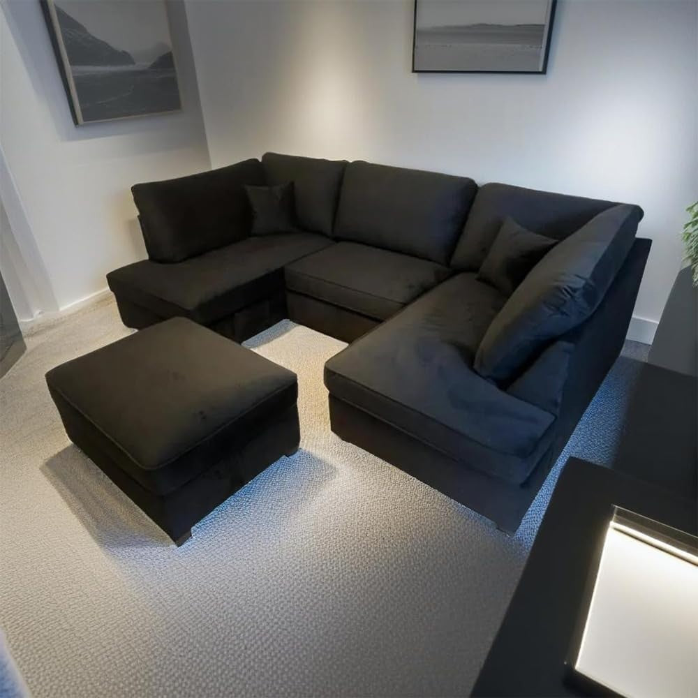 Black U Shape Plush Velvet Corner Sofa – 5 Seater Set with Footstool