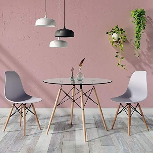 Round Glass Dining Table 90cm Tempered Top Wooden Legs Retro Kitchen Modern