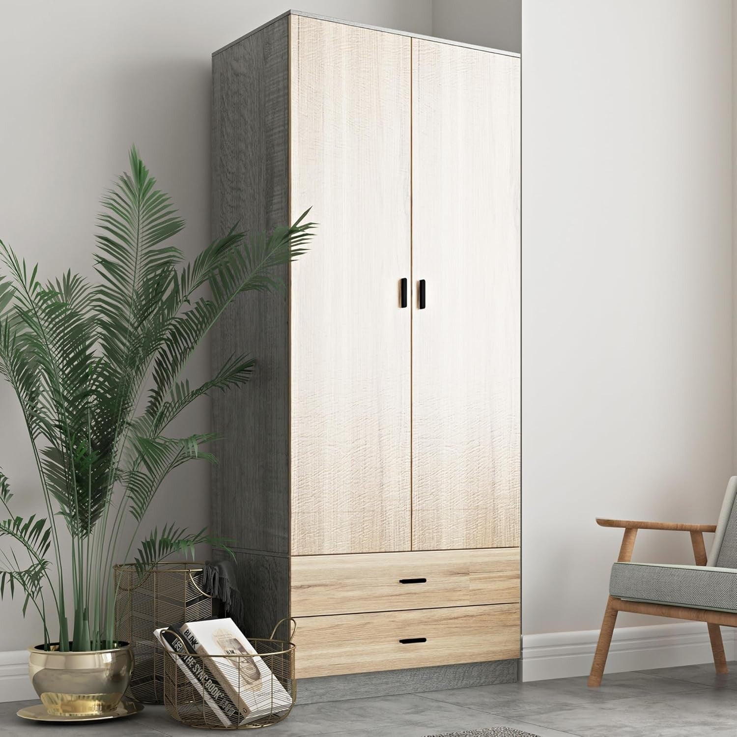 Tall Oak Wardrobe 2 Door 2 Drawer Storage Cabinet for Bedroom Clothes