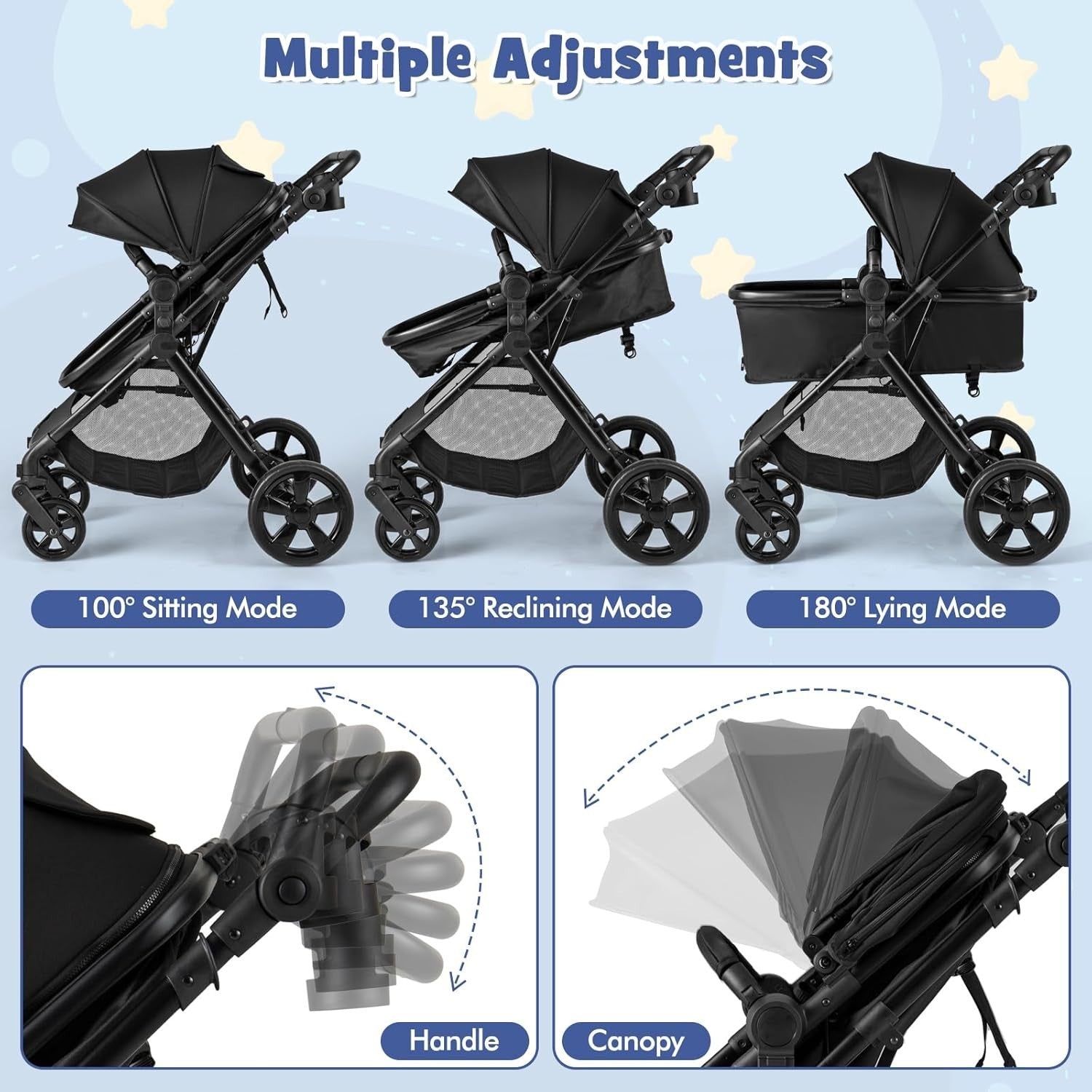 2in1 Baby Pushchair Foldable Lightweight Pram Reversible Seat Adjustable Canopy
