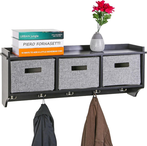Black Wall Mounted Coat Rack | 5 Hooks & 3 Fabric Baskets Hallway Shelf
