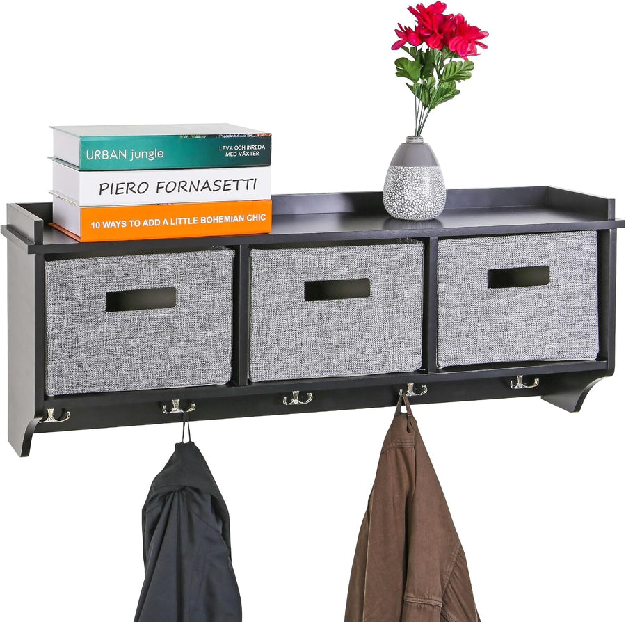 Black Wall Mounted Coat Rack | 5 Hooks & 3 Fabric Baskets Hallway Shelf