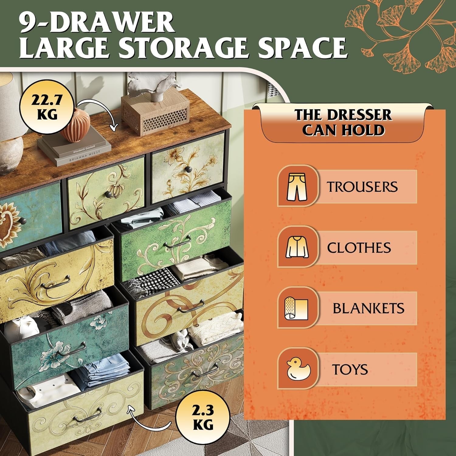 9 Drawer Fabric Storage Chest with Wood Top Steel Frame Retro Bohemian Decor