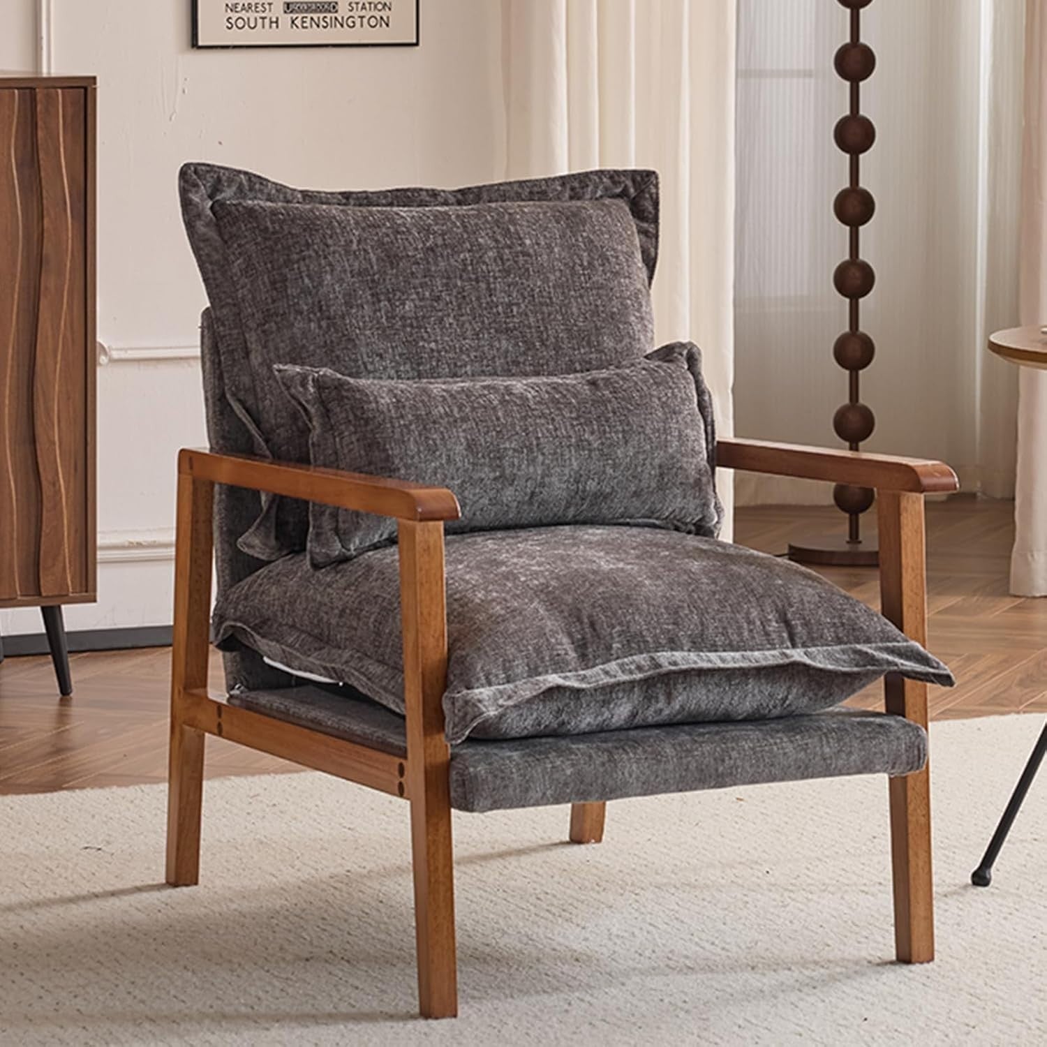 Mid-Century Modern Wooden Armchair with Cushioned Seat & Lumbar Pillow Grey