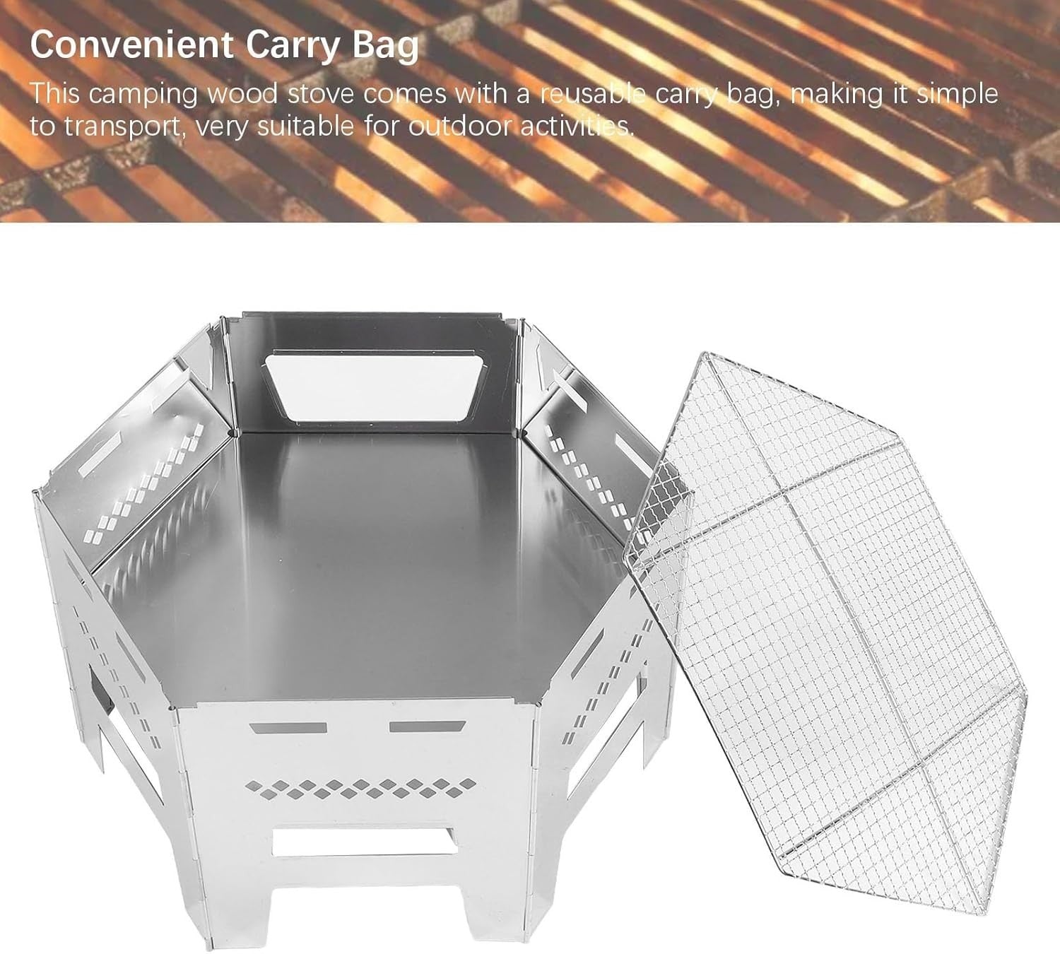 Stainless Steel Foldable Camping Wood Stove BBQ Grill Portable Outdoor Cooking