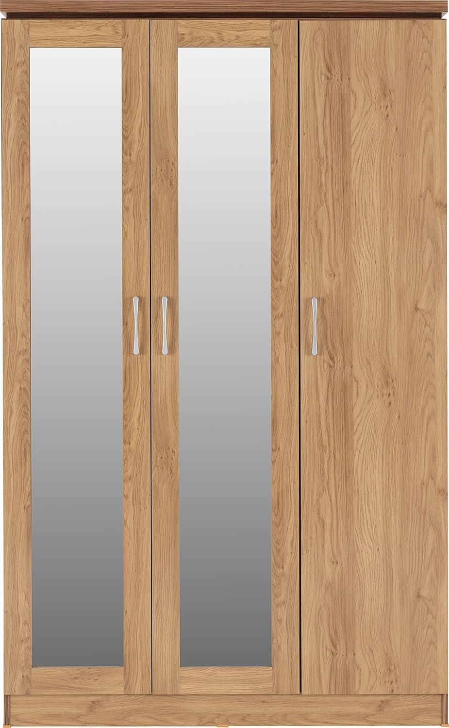 3 Door Wardrobe Mirror Oak Effect Hanging Rail Storage Modern Bedroom