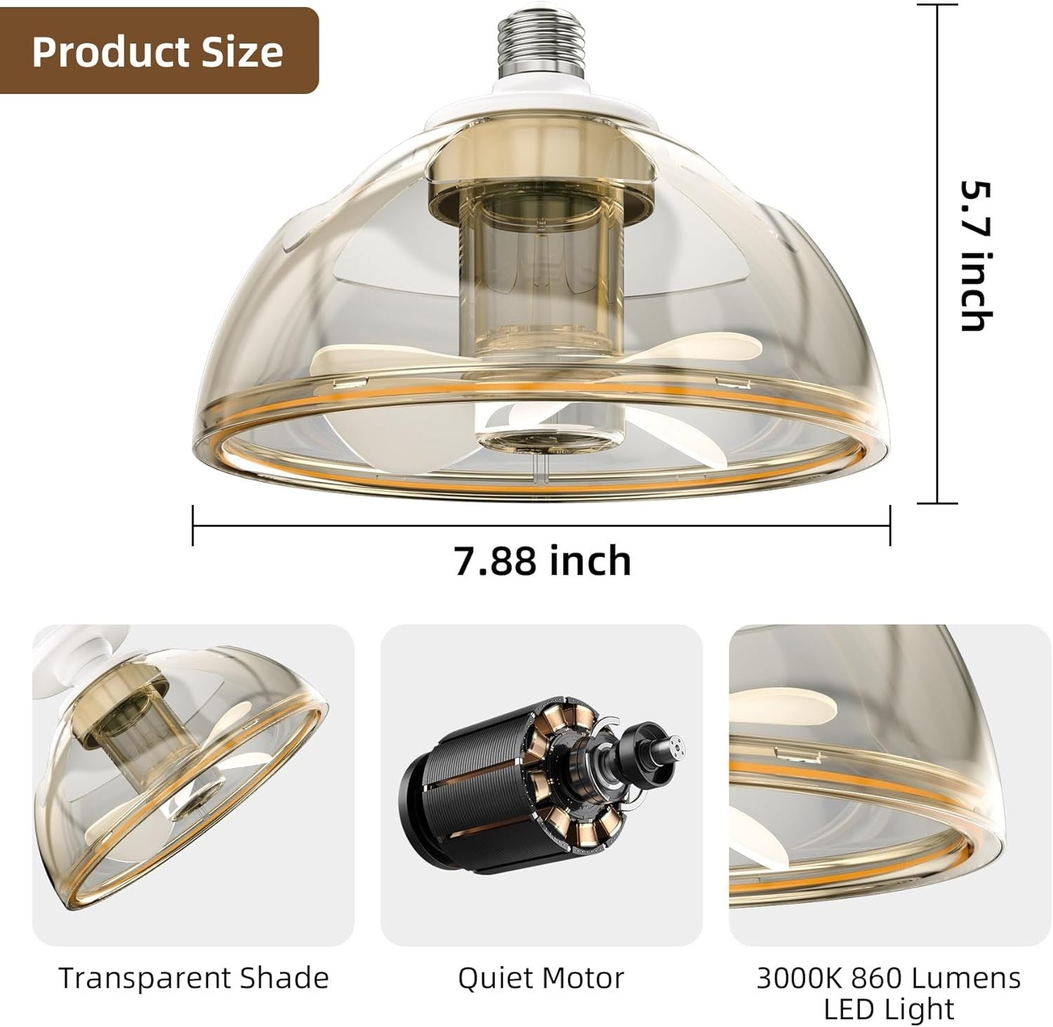 Zuske 20cm LED Ceiling Fan with Light, Dimmable, Quiet, Remote, 8W